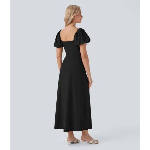 Halara Square Neck Puff Sleeve Ruched Midi Dress - Picture 2 of 5